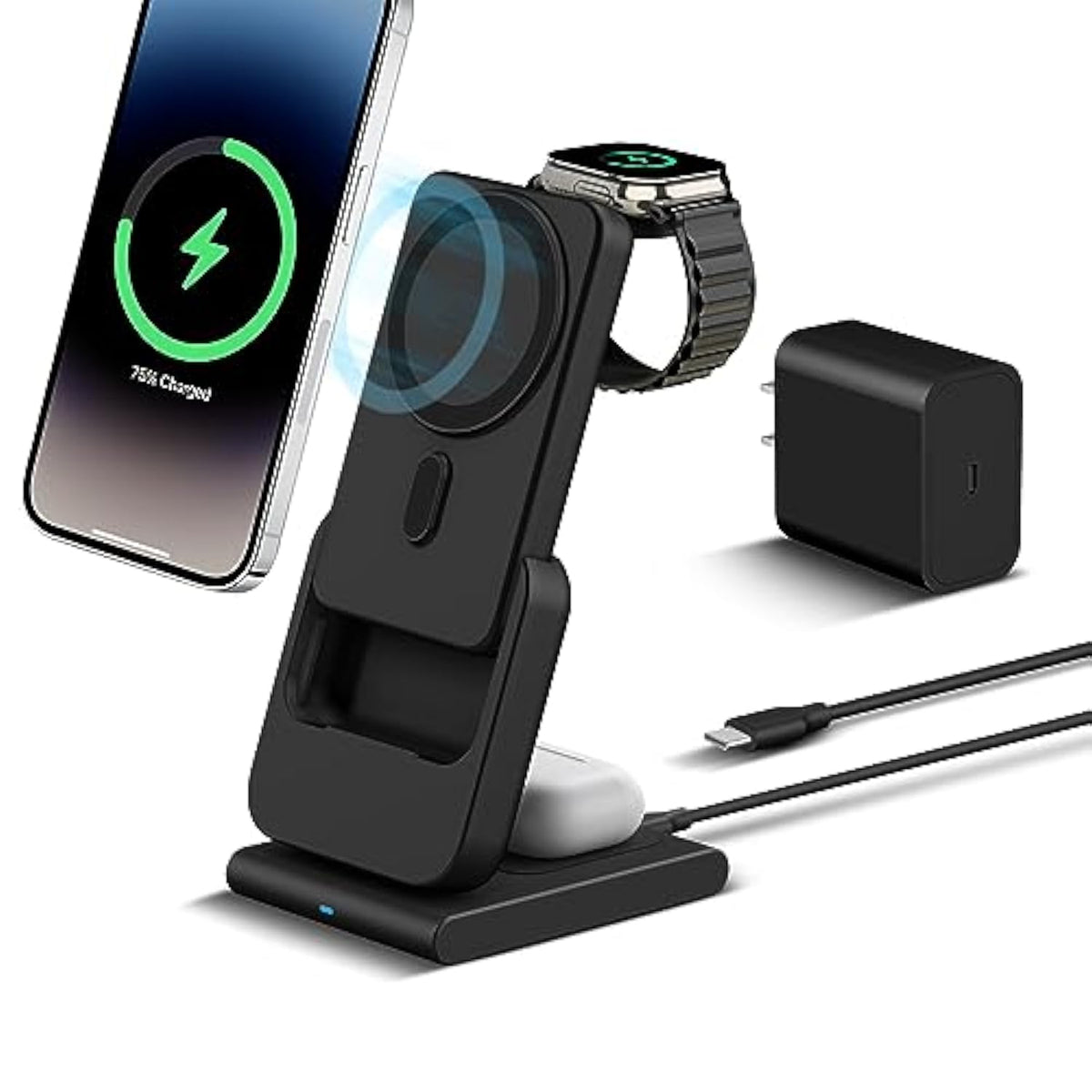Foldable Wireless Charging Station: 3-In-1 Mag-Safe Charger Stand With 5000Mah Portable Power Bank For Iphone 16/15/14/13/12 - Removable Battery Pack For Apple Watch (Black)