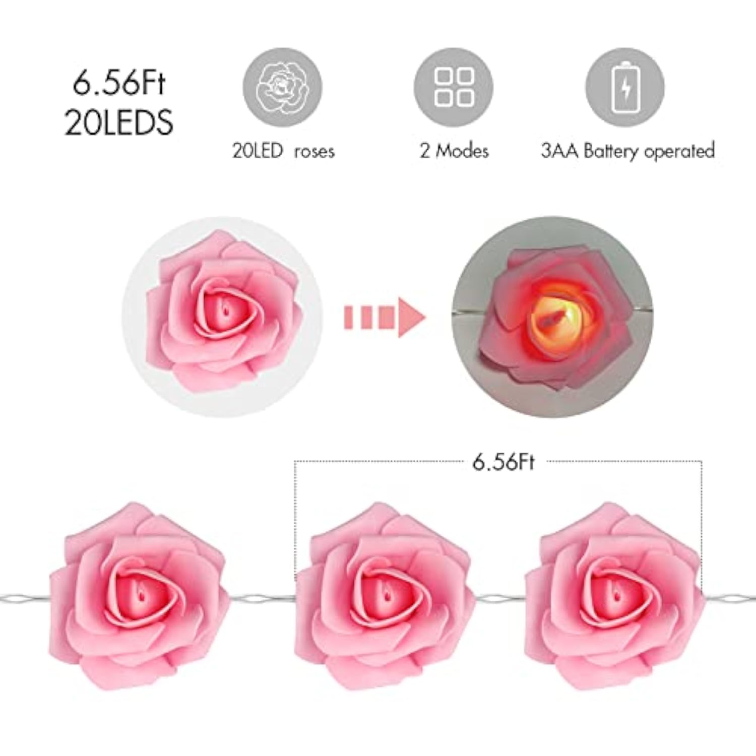 Rose Flower String Lights,2M 20Led Battery Operated Romantic String Lights Bright Warm Flower Rose Lamp Fairy Light For