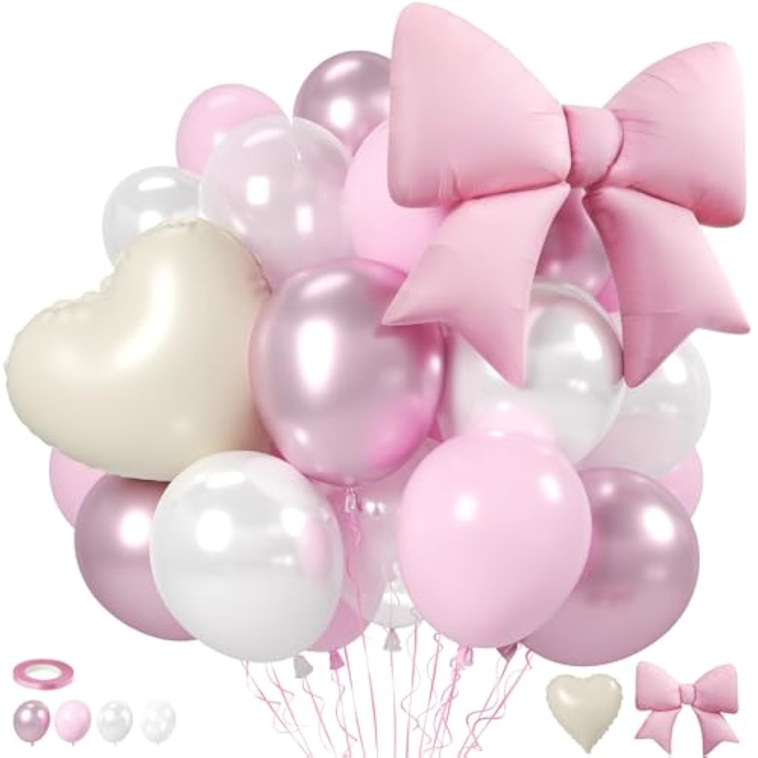 Pink Balloons, Pink Bow White Heart Balloon, Pearl White Double-Stuffed Balloons With Metallic Bow Heart Shaped Foil Balloon For Birthday Baby Shower Wedding Bridal Shower Engagement Decorations