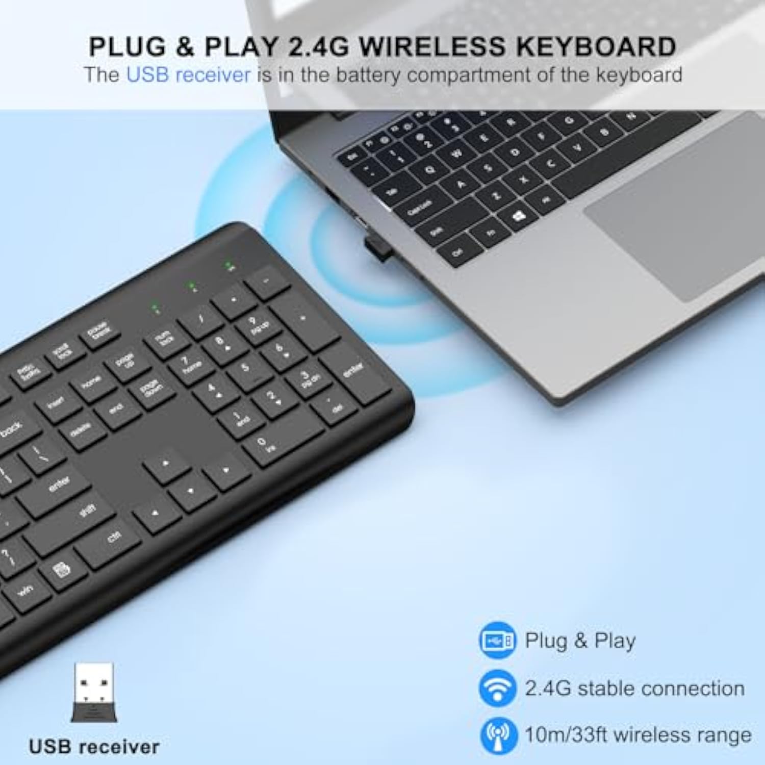 Wireless Keyboard, 2.4G Full-Sized Cordless Usb Silent Computer Keyboard, Ergonomic Tilt Angle, Sleep Mode, Long Battery Life, For Windows, Mac Os Laptop/Pc/Desktop/Notebook