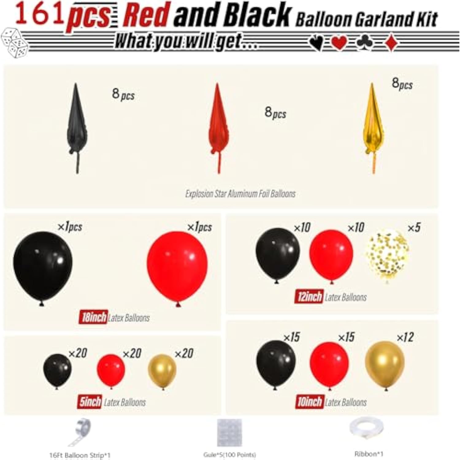 161Pcs Red Black And Gold Balloons Garland Arch Kit With 5/10/12/18In Red Black Gold Balloons Explosion Star Balloons For 2025 Graduation Anniversary Casino Wedding Birthday Party Decorations