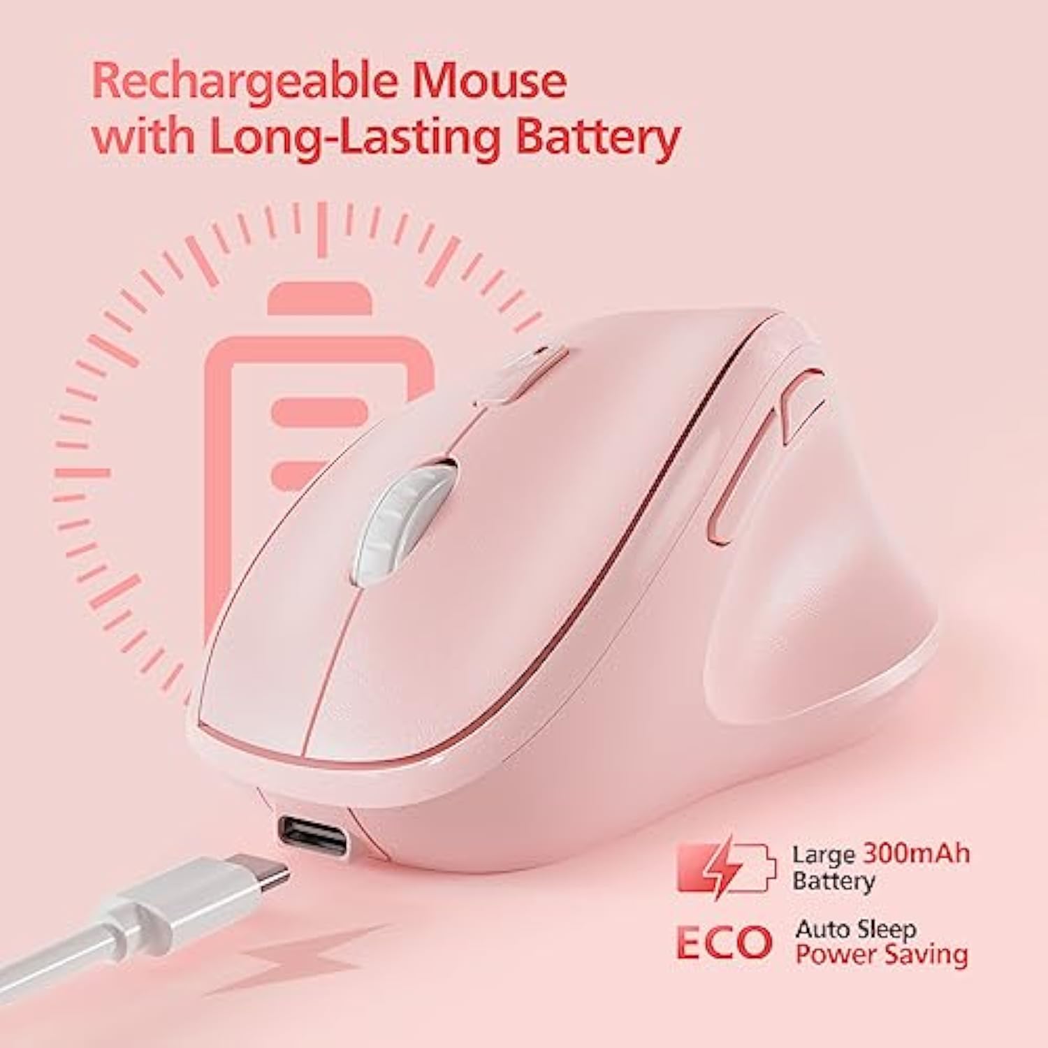 Micropack Wireless Bluetooth Mouse Ergonomic Vertical For Laptop Macbook Pc Tablet Rechargeable Silent Click Multi-Device 3-Mode 2.4G Adjustable Dpi Compatible With Windows Android Ios Macos Pink