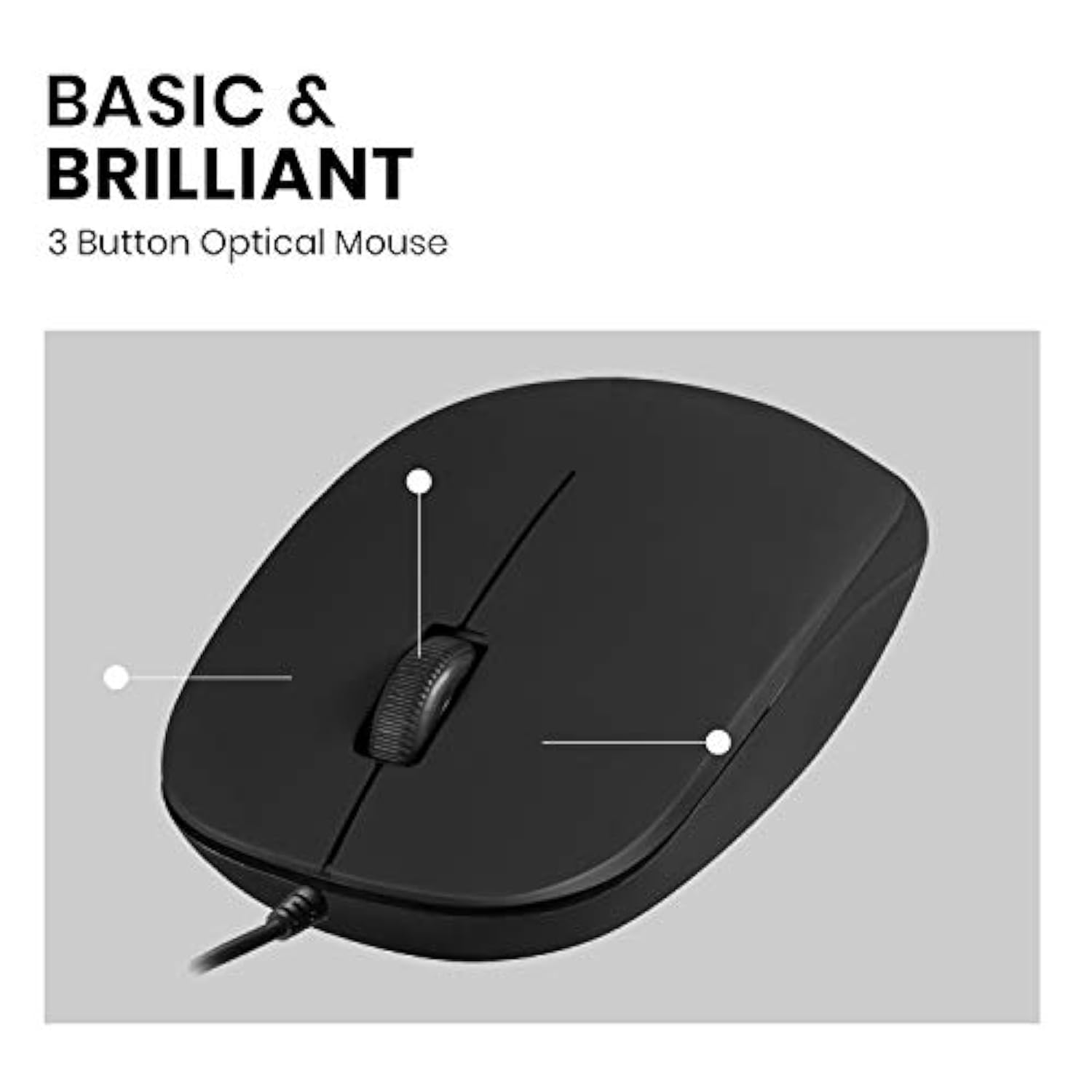 Perixx PERIMICE-201U B, Wired USB Optical Mouse, 3 Buttons - 1000dpi - USB - 1.5m Cable - Black
