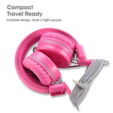 Kids K22 Wired Headphones, Foldable, 5ft Cord, 3.5mm Jack, Pink