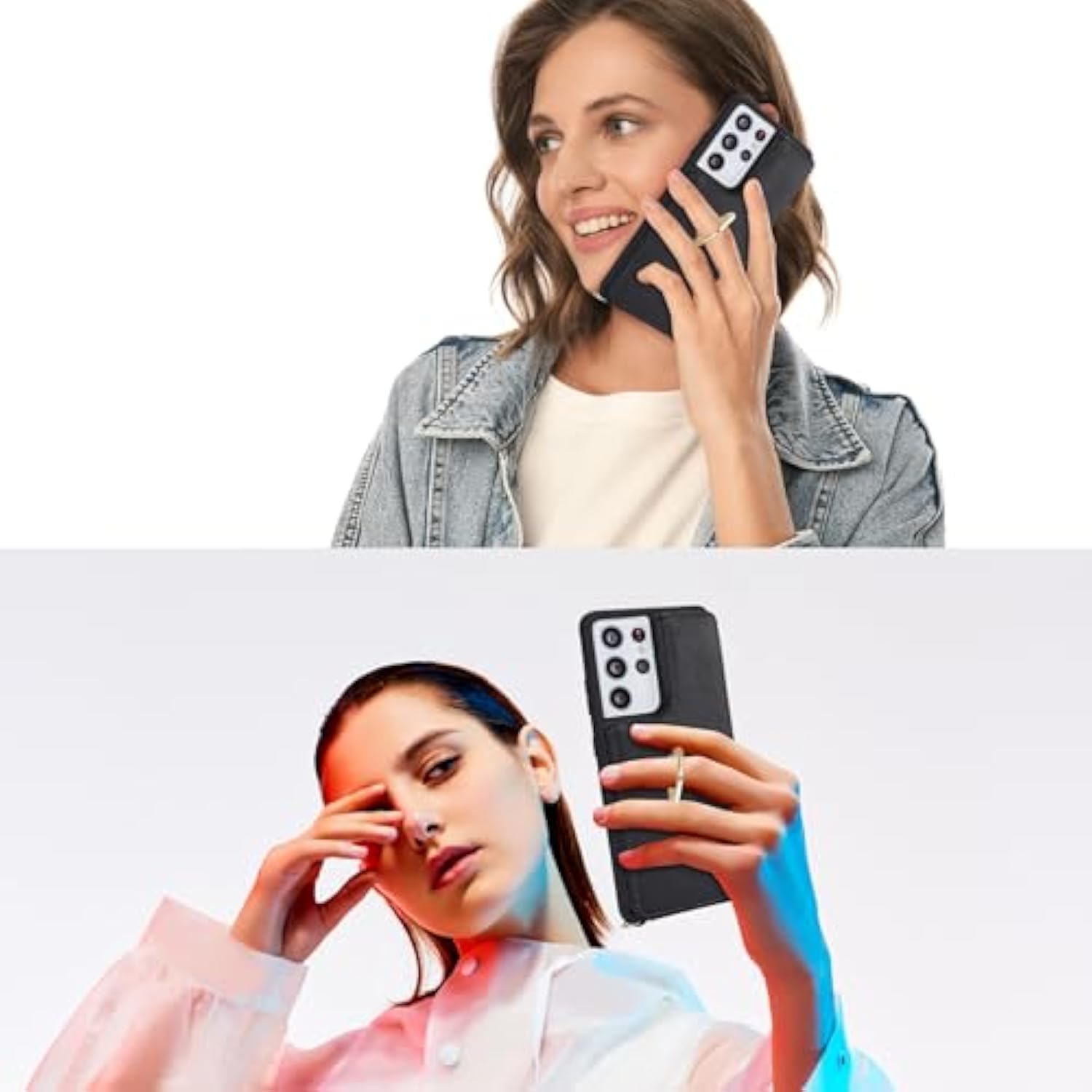 For Samsung Galaxy S21 Ultra Case With Card Holder And Strap For Women,Crossbody Lanyard,Ring Stand,Snap Clasp,Phone Wallet Cases 6.8 Inch(Black)