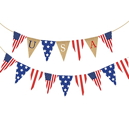 Independence Day Pennant Flag 4th of July Burlap Banner USA Bunting Banner Patriotic Triangle Flag American Star Stripe Garland Banner for Memorial Veteran Day Labor Day Mantel Fireplace Decor