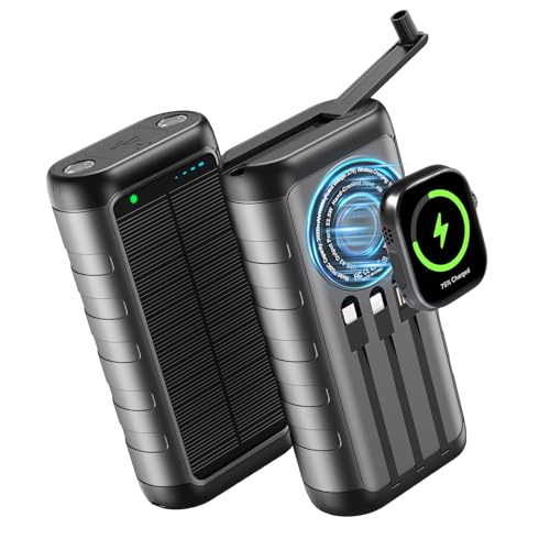 Solar Charger Power Bank 59800mAh, Outdoor Waterproof Battery Pack, 3 Built in Cables & Hand Crank, 6 Outputs, 15W Wireless Charging, Emergency LED