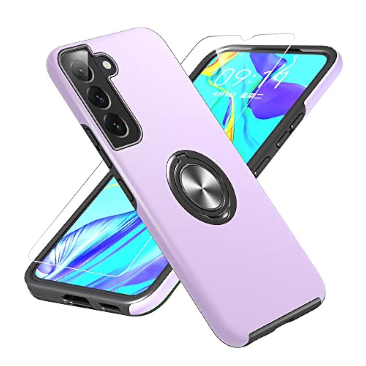 For Samsung Galaxy S22 Case With Hd Screen Protector, [Military Grade] Shockproof Protection Case With 360° Magnetic Ring Holder Kickstand Phone Case For Samsung S22,Purple