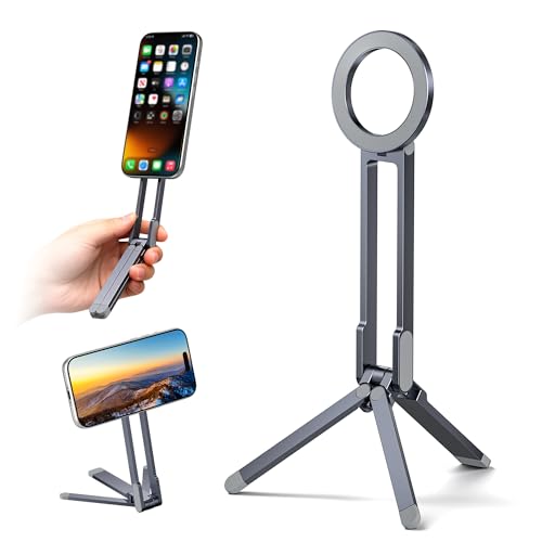 Magnetic Cell Phone Tripod,Adjustable Phone Holder for Desk,Portable Mini Tripod Phone Mount for Travel,Vlogging,Selfies,Compatible with MagSafe