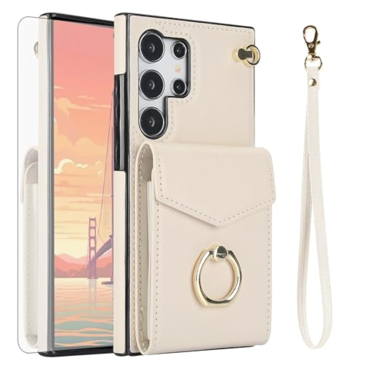 Phone Case For Samsung Galaxy S25 Ultra 5G Wallet Cover With Tempered Glass Screen Protector And Rfid Blocking Ring Stand Credit Card Holder Cell S25Ultra 25S S 25 25Ultra Women Men Off White