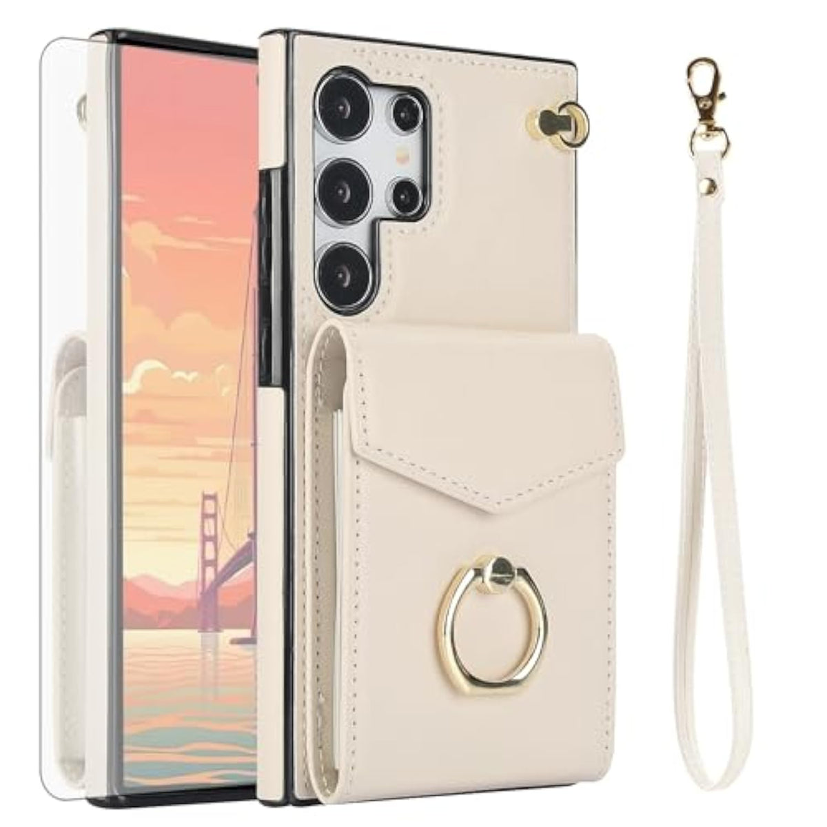Phone Case For Samsung Galaxy S25 Ultra 5G Wallet Cover With Tempered Glass Screen Protector And Rfid Blocking Ring Stand Credit Card Holder Cell S25Ultra 25S S 25 25Ultra Women Men Off White