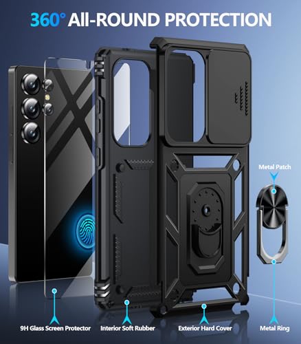 for  Galaxy S26 Ultra Case with Screen Protector & Slide Camera Lens Cover, Built-in Magnetic Ring Stand Shockproof Protective Phone Case for