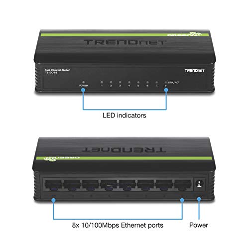 8-Port Unmanaged 10/100 Mbps Greennet Ethernet Desktop Switch, Te100-S8, 1.6 Gbps Switching Capacity, Plastic Housing, Network Ethernet Switch, Plug & Play Black