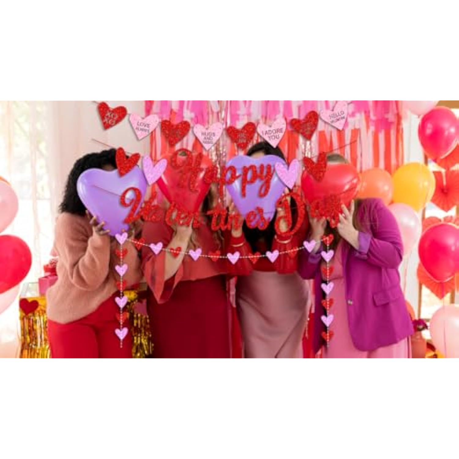 Red Glittery Valentine Party Decor - Banner, Garland, Photo Props & Heart Decorations For Fireplace & Wedding Anniversary Celebrations