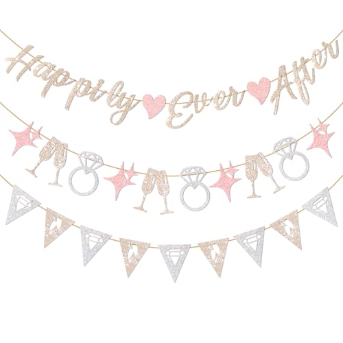 Pre-Strung Happily Ever After Banner Set, Pink & Gold Glitter Wedding Bunting Decorations with Diamond Ring & Champagne Glass Cutouts for Bridal Shower, Engagement Party, Wedding Reception