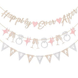 Pre-Strung Happily Ever After Banner Set, Pink & Gold Glitter Wedding Bunting Decorations with Diamond Ring & Champagne Glass Cutouts for Bridal Shower, Engagement Party, Wedding Reception