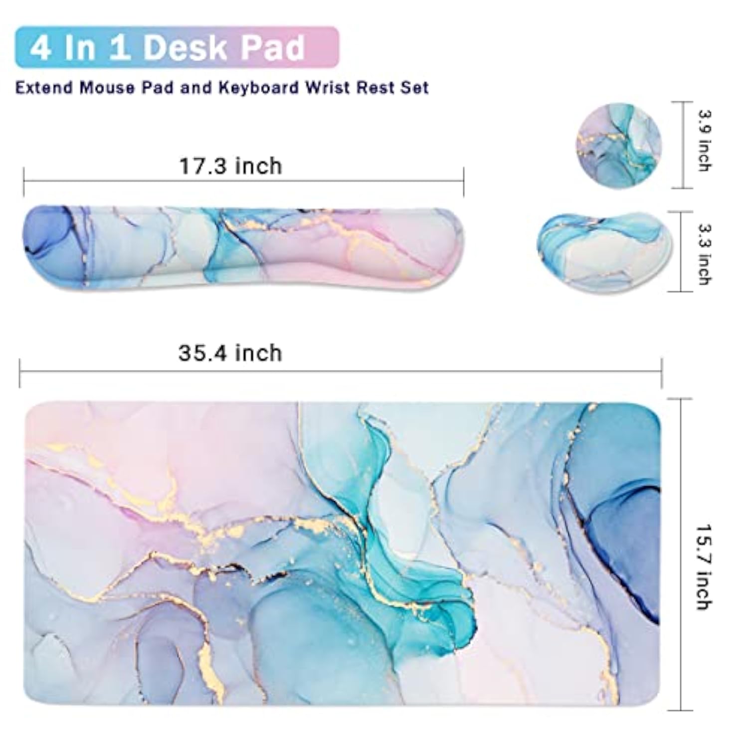 Ergonomic Large Mouse Pad And Keyboard Wrist Rest, Desk Pad For Keyboard And Mouse, 4-In-1 Large Gaming Mouse Pad With Wrist Support - Blue Marble