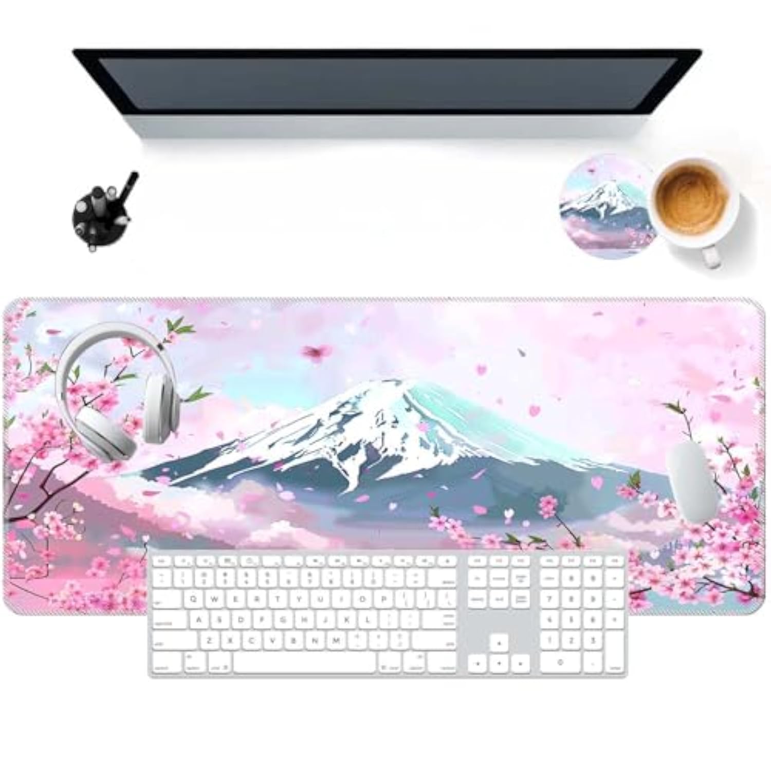Pastel Pink Kawaii Mouse Pad, 31.5X11.8In, Rectangular, Polyester, 2Mm Thick, Extended Mouse Pad