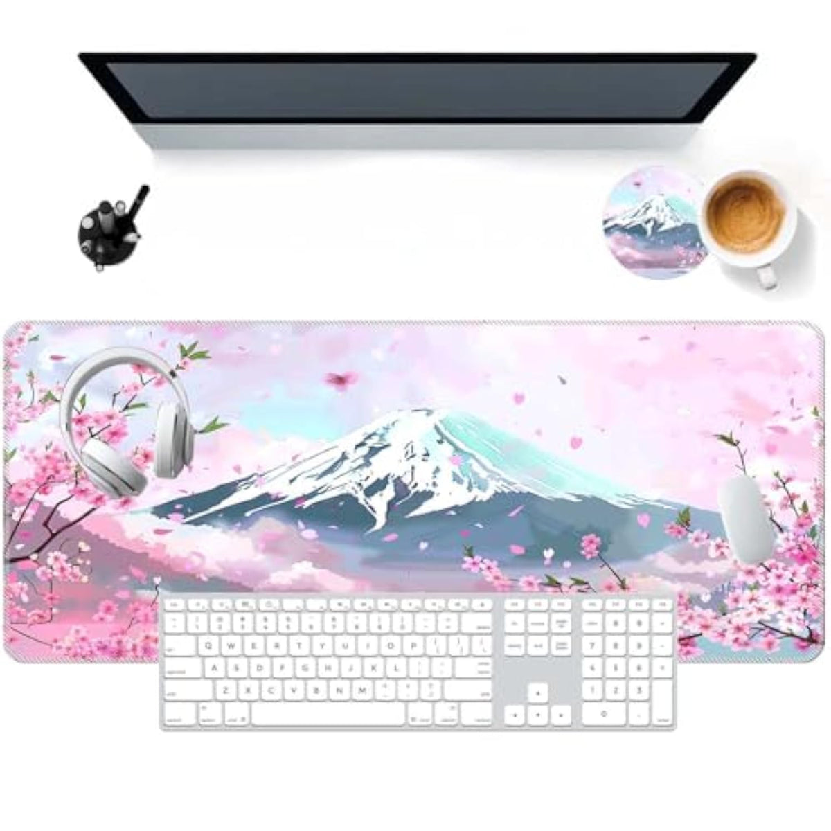 Pastel Pink Kawaii Mouse Pad, 31.5X11.8In, Rectangular, Polyester, 2Mm Thick, Extended Mouse Pad
