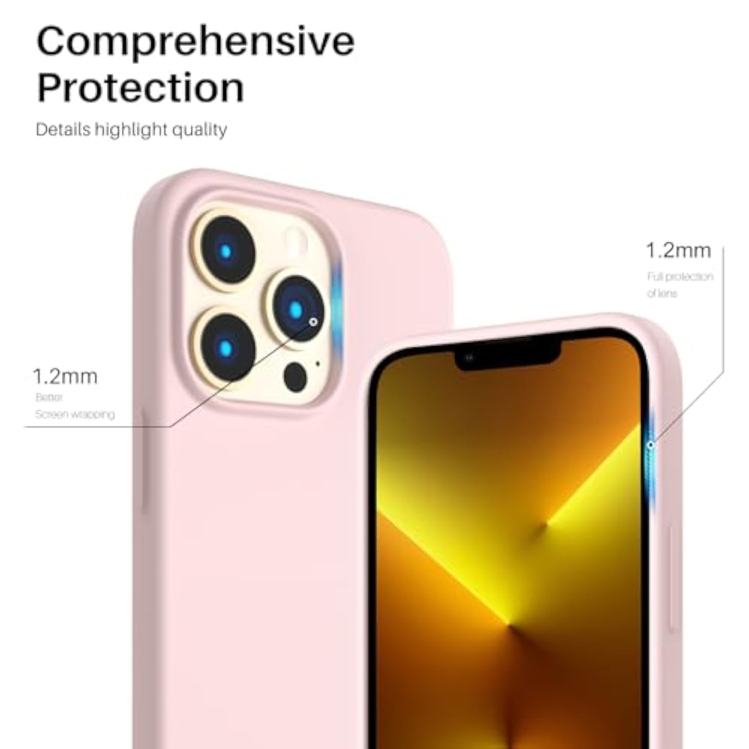 Compatible With 13 Pro Case 6.1, Slim Liquid Silicone 3 Layers Full Covered Soft Gel Rubber Case Cover 6.1 Inch-Chalk Pink