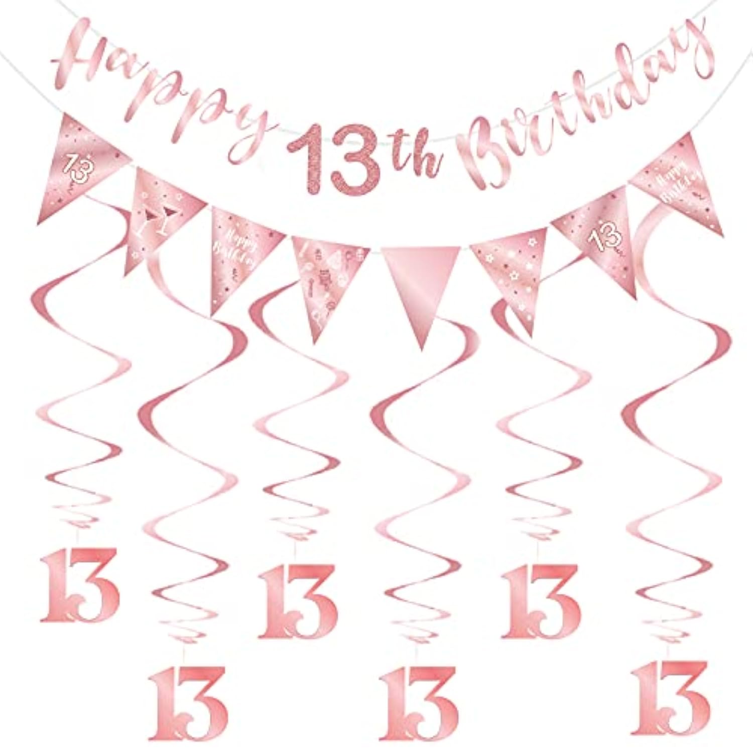 Rose Gold 13Th Birthday Decoration For Girls, Happy 13Th Birthday Banner Bunting Swirls, Triangle Flag Banner For 13 Birthday Party Decorations Supplies