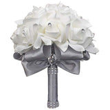 Wedding Bouquets Crystal Pe Roses Bridal Bridesmaid Wedding Hand Holding Bouquet Artificial Fake Flowers Toss Bouquet, Silver