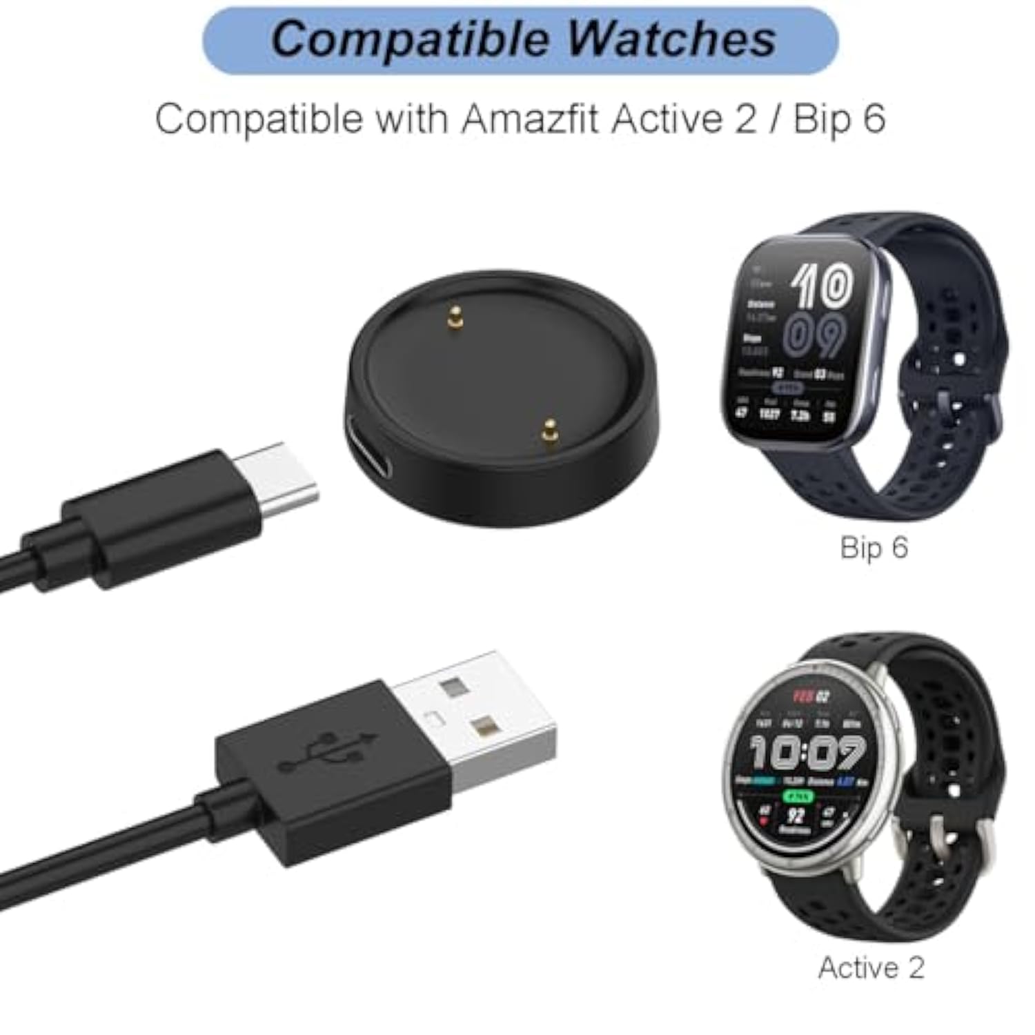 Charger For Amazfit Active 2/Bip 6, Replacement Usb Charging Cable Cord Dock For Amazfit Bip 6/Active 2 Smart Watch (3.3Ft/1M) (2)