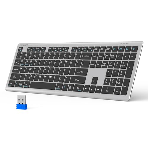 Bluetooth Keyboard Rechargeable, 4-Device Free Switching (2.4G+Bt), Ultra-Slim Full Size Wireless Keyboard, Quiet Typing, For Pc/Laptop/Smart Tv/Phone, Adjustable Stand, 12 Multimedia Keys
