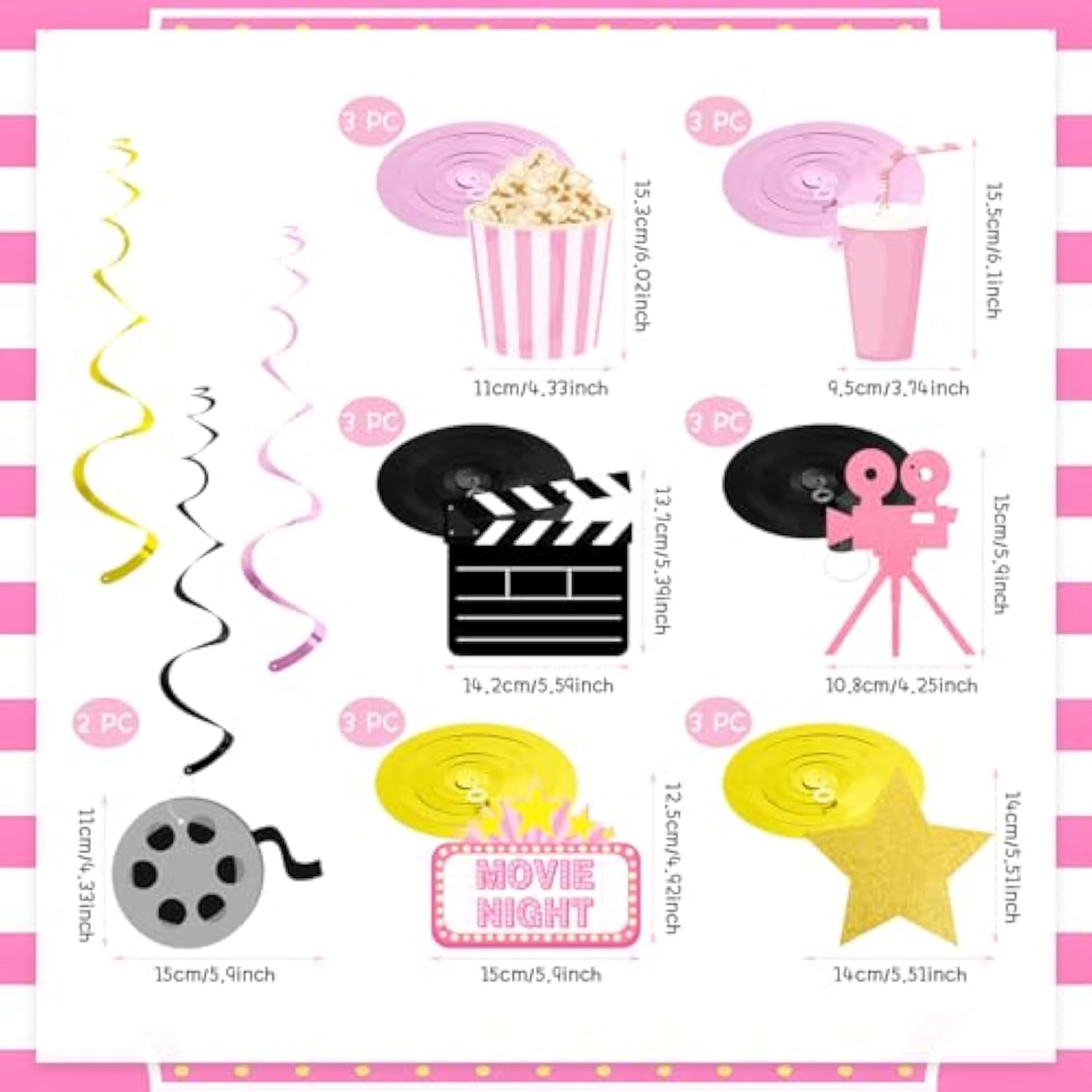 Movie Night Party Decorations,Pink Movie Theme Hanging Swirl Decorations,Cute Popcorn Foil Swirls Ceiling For Baby Shower Birthday Party Film Party Supplies Family Party Girls Boys