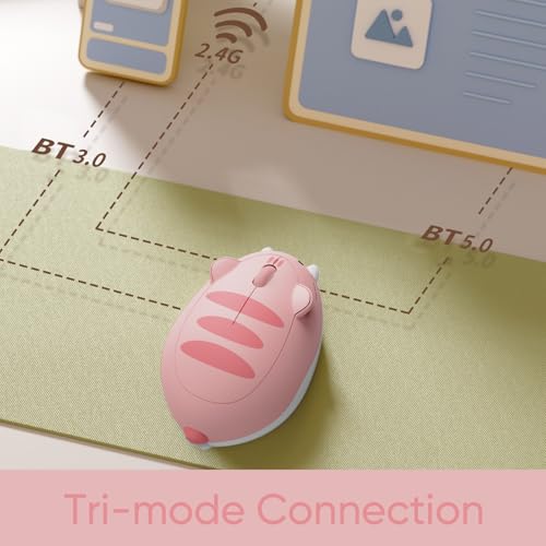 Cat Theme Wireless Gaming Mouse Pink, Tri-Mode Mouse Bt3.0/Bt5.0/2.4G, Cute Optical Cordless Cartoon Mice For Computer/Laptop/Desktop/Pc, Compatible With Mac/Win (Pink Angie)