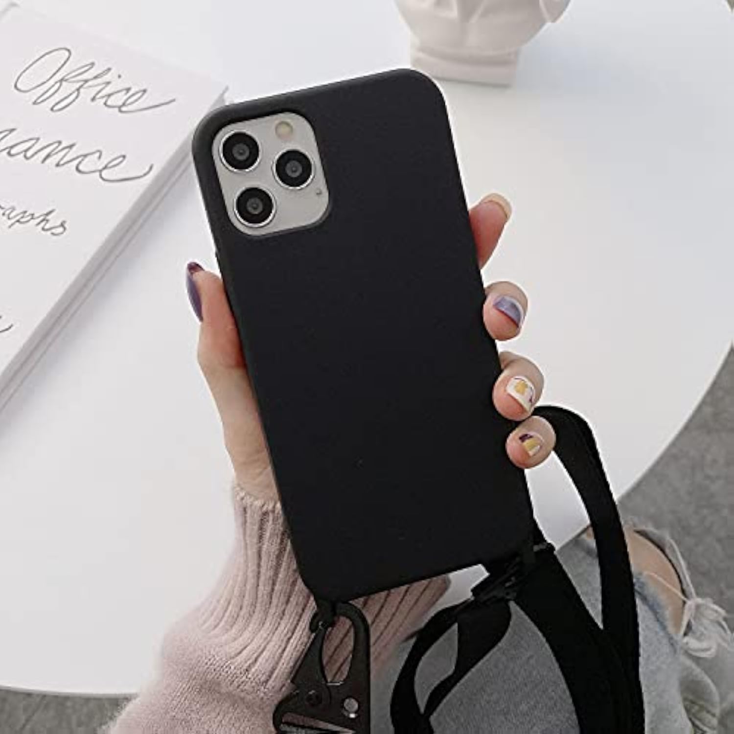 Cute Soft Silicone Crossbody Phone Case with Adjustable Shoulder Strap for iPhone 13 - Black