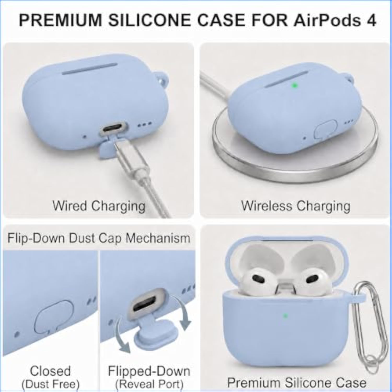 Soft Skin Silicone Case Cover for AirPods 4th Generation with Keychain and Cleaner Kit, Sky Blue, Compatible with AirPods 4th Gen Case, Protective Case for Men and Women