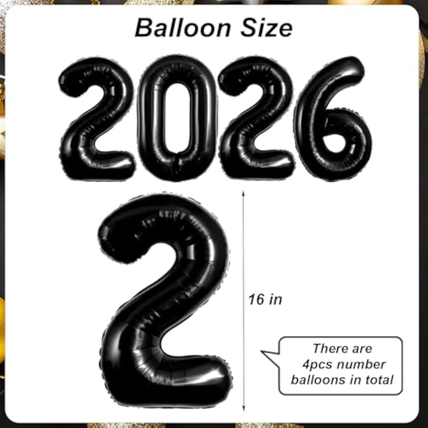 2026 Black 16in Letter Balloons Happy New Year Party Supplies