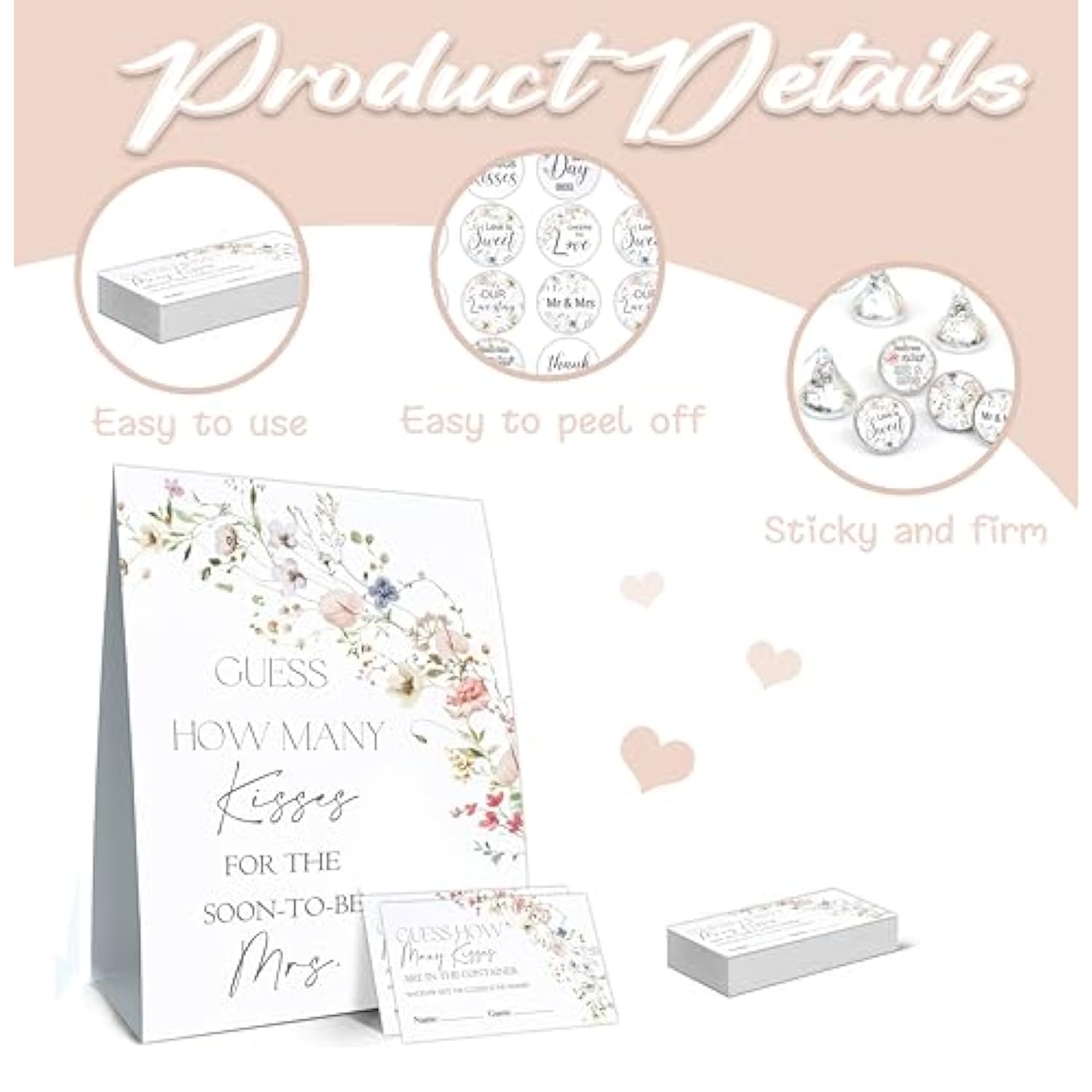 How Many Kisses Bridal Shower Games, How Many Kisses Standing Sign 50 Guessing Cards 180 Bridal Shower Kisses Stickers, How Many Kisses Flowers Bridal Shower Game Set For Bridal Shower And Weddings