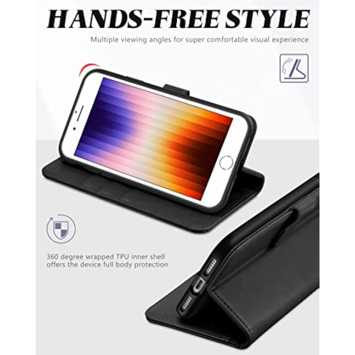 TUCCH Case Wallet for iPhone SE 2022/ iPhone 7/8/iPhone SE 2020, PU Leather 3 Card Slots Stand Magnetic Flip Folio Cover TPU Shockproof Inner Shell, Black