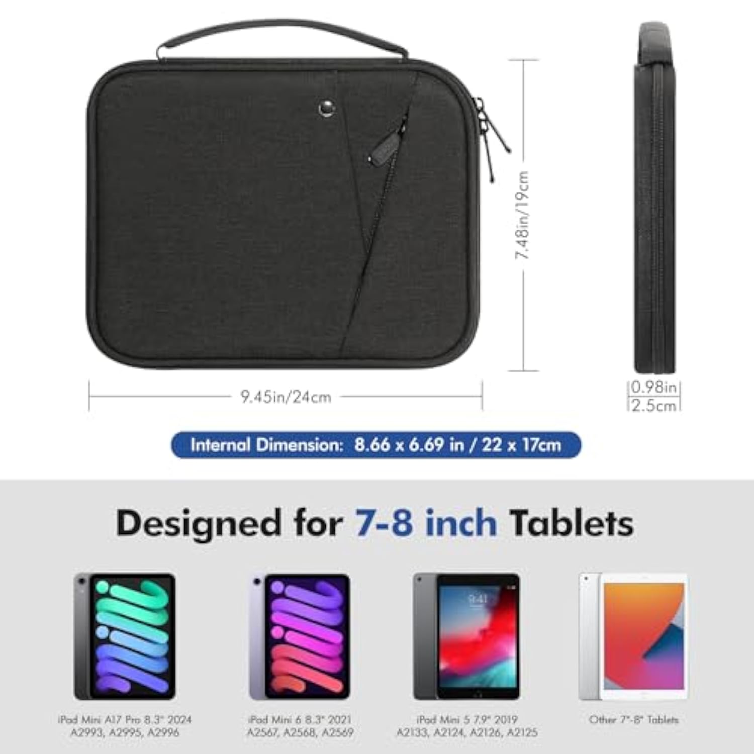 MoKo 7-8 Inch Tablet Sleeve Carrying Case with Handle, Padded Protective Travel Bag for A17 Pro/6th 8.3'' 2024/2021, 5 7.9" 2019, Black & Gray