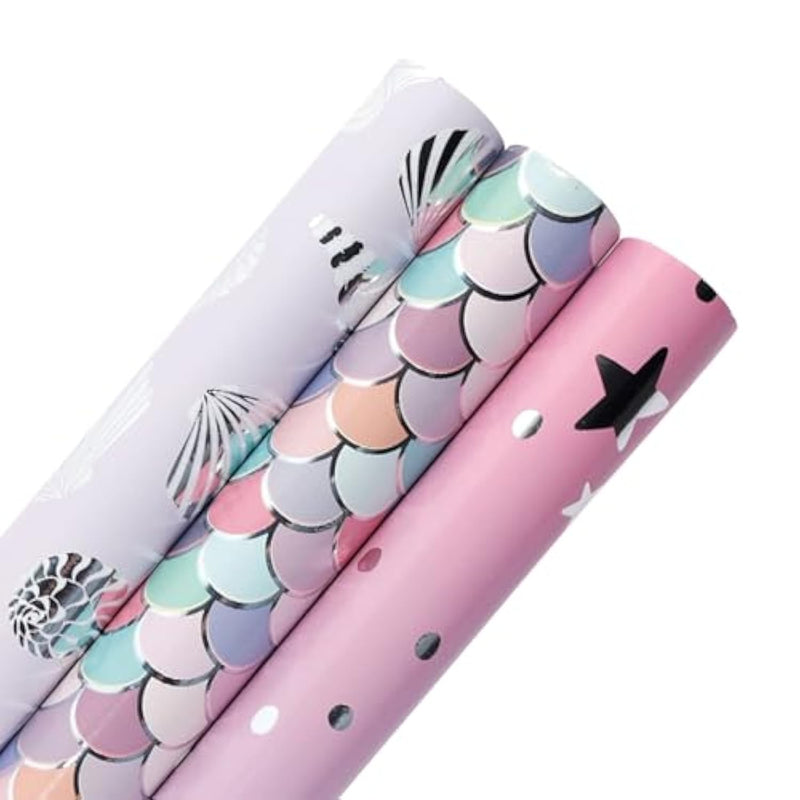 Wrapping Paper Roll - 17 Inch X 120 Inch Per Roll - 3 Different Design Gift Wrap Paper For Girls,Kids,Birthday, Baby Shower