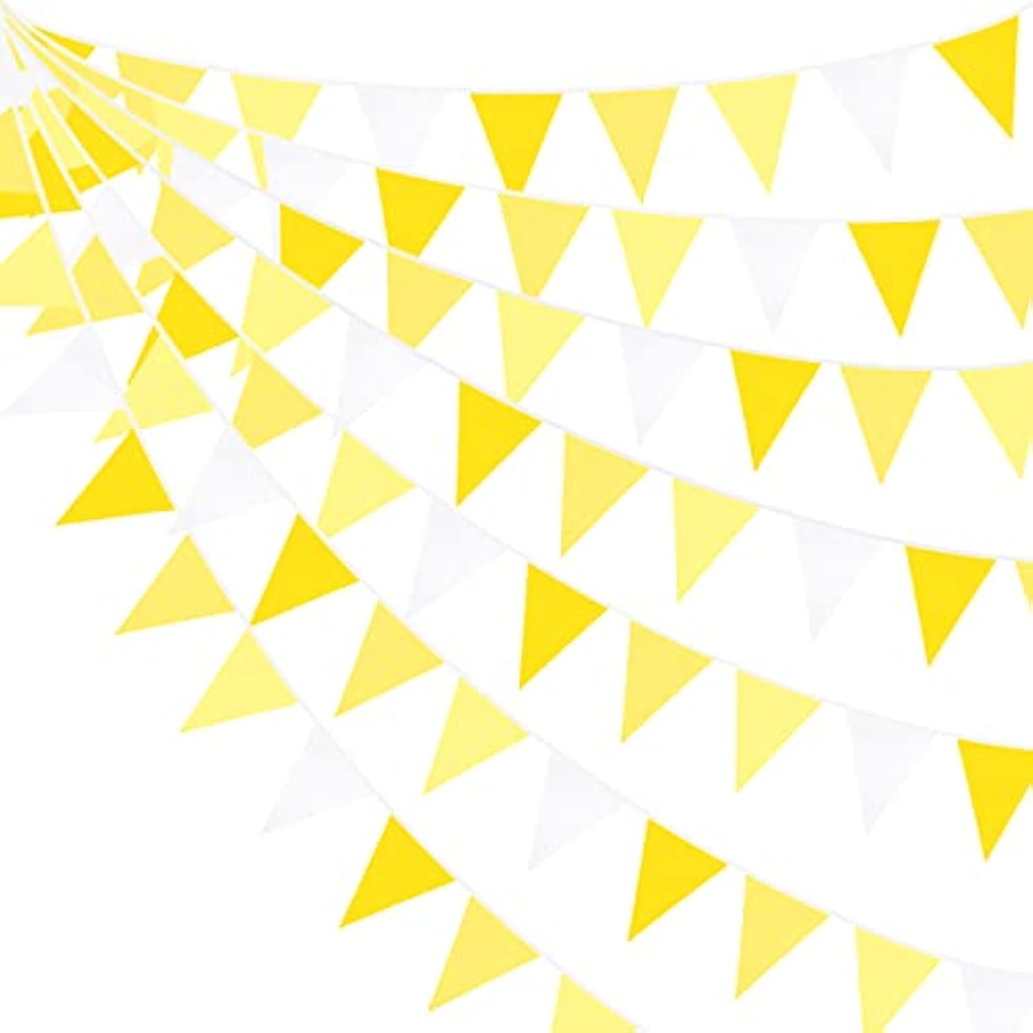 32Ft Yellow Party Decorations Yellow White Pennant Banner Fabric Triangle Flag Bunting Garland For Lemon Bee Sunflower Birthday Baby Shower Anniversary Wedding Party Home Outdoor Garden Decorations