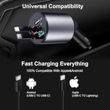 Retractable Car Charger 4 In 1 Fast Charge Usb C Car Charger Adapter With Retractable Cord Cable 100W, Car Phone Charger For Iphone 15 Pro Max Plus 14 13 12