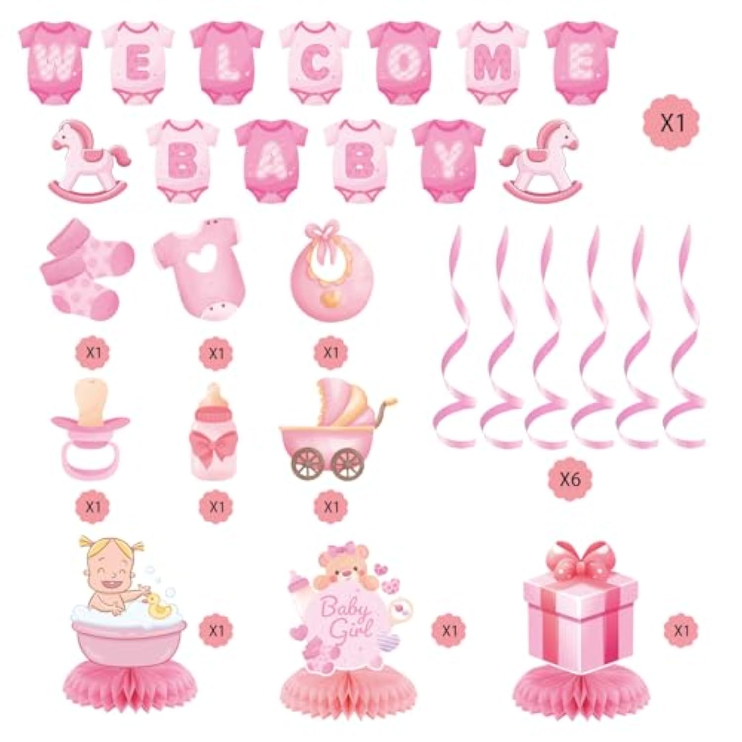 Pink baby shower décor with welcome baby banner and sign for girls