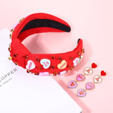 Valentine’S Day Headband For Women Love Xoxo Heart Headbands Jeweled Conversation Heart Knotted Headband Pink Red Rhinestone Crystal Top Knot Headbands Valentine’S Day Accessories Gifts (Red Set)