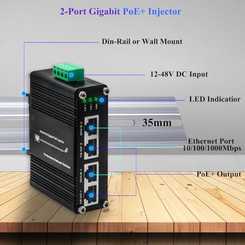 Industrial 2-Port Gigabit Poe+ Injector, 12~48Vdc Input, 60W Poe Power Output, Din-Rail & Wall Mount, -40°F To 176°F Operating Temperature, For Ip Cameras & Wireless Access Points