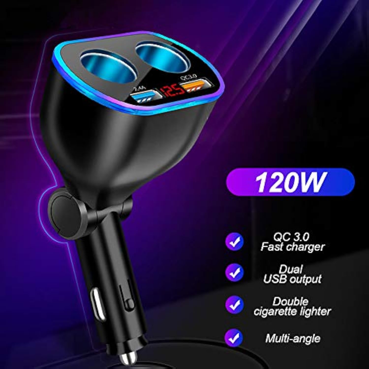 Car Charger Cigarette Lighter Splitter Adapter,120W QC3.0 Dual USB Car Charger with LED Voltmeter 12/24V Sockets Splitter Cigarette Lighter USB Chargers Fast Charging for Phone Tablets GPS Dash Cam
