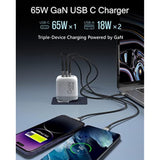 65W Usb C Charger Gan Fast Charger With Interchangeable Us/Uk/Eu Plugs, 3-Port Usb-C Pd & Qc 3.0 Travel Adapter For Macbook Pro, Iphone, Ipad, Galaxy, Dell, Hp, More