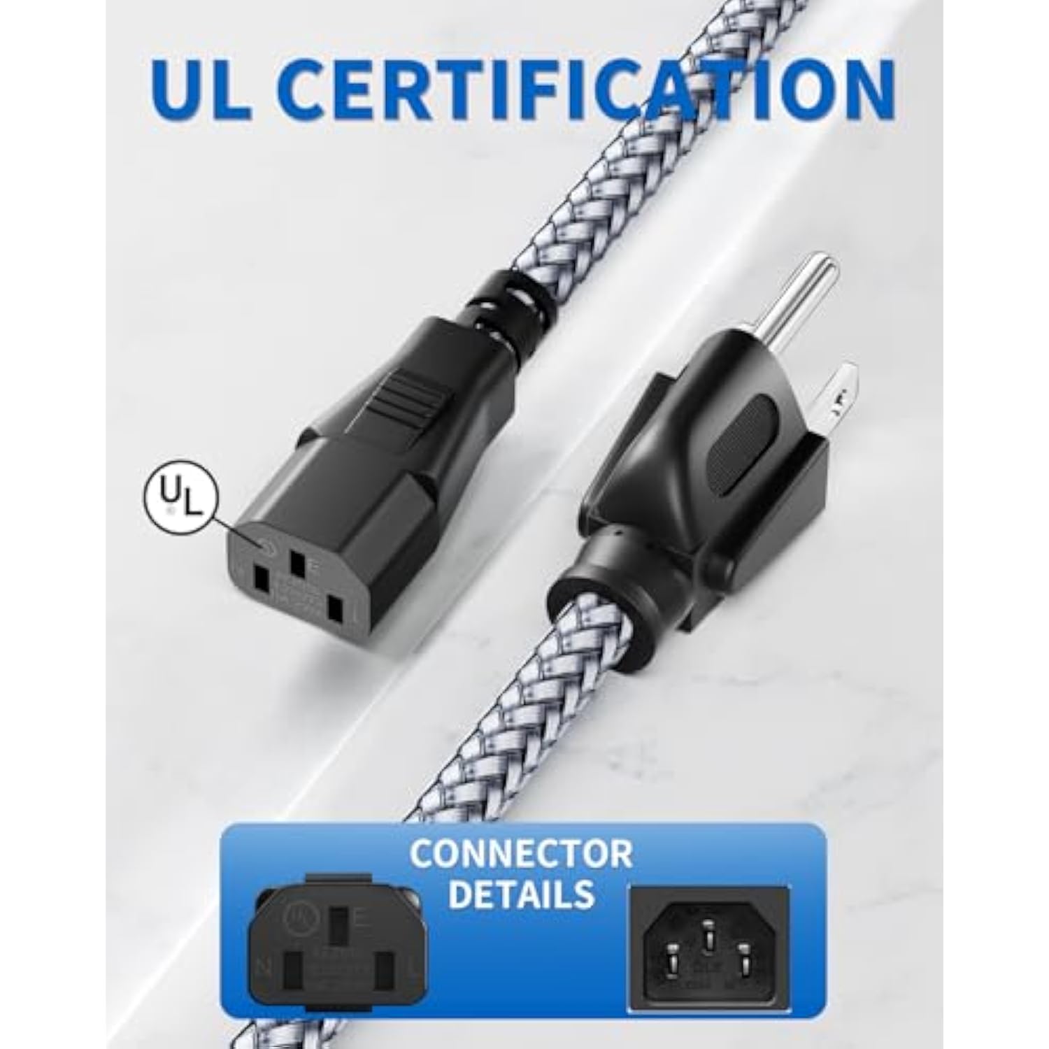 Power Cord-3 Prong Power Cable 10A 250V Ac Power Cable 6.6Ft/2M Nylon Braided Replacement 3 Pin Power Cord For Computer, Monitor, Printer,Tv, Pc,Projector,Power Supply Cable