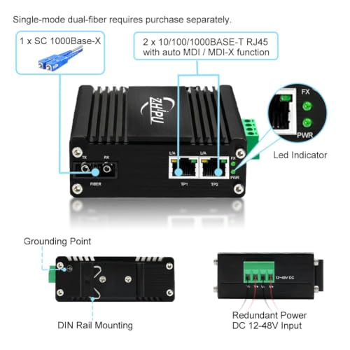 Industrial 2 Ports Gigabit Media Converter, 1 Sc 2 Rj45 Fiber Ethernet Switch Single Mode 20Km, Dc12~48V Input Ip40 Din Rail/Wall Mount For Data Center/Television Broadcasting/Secmon