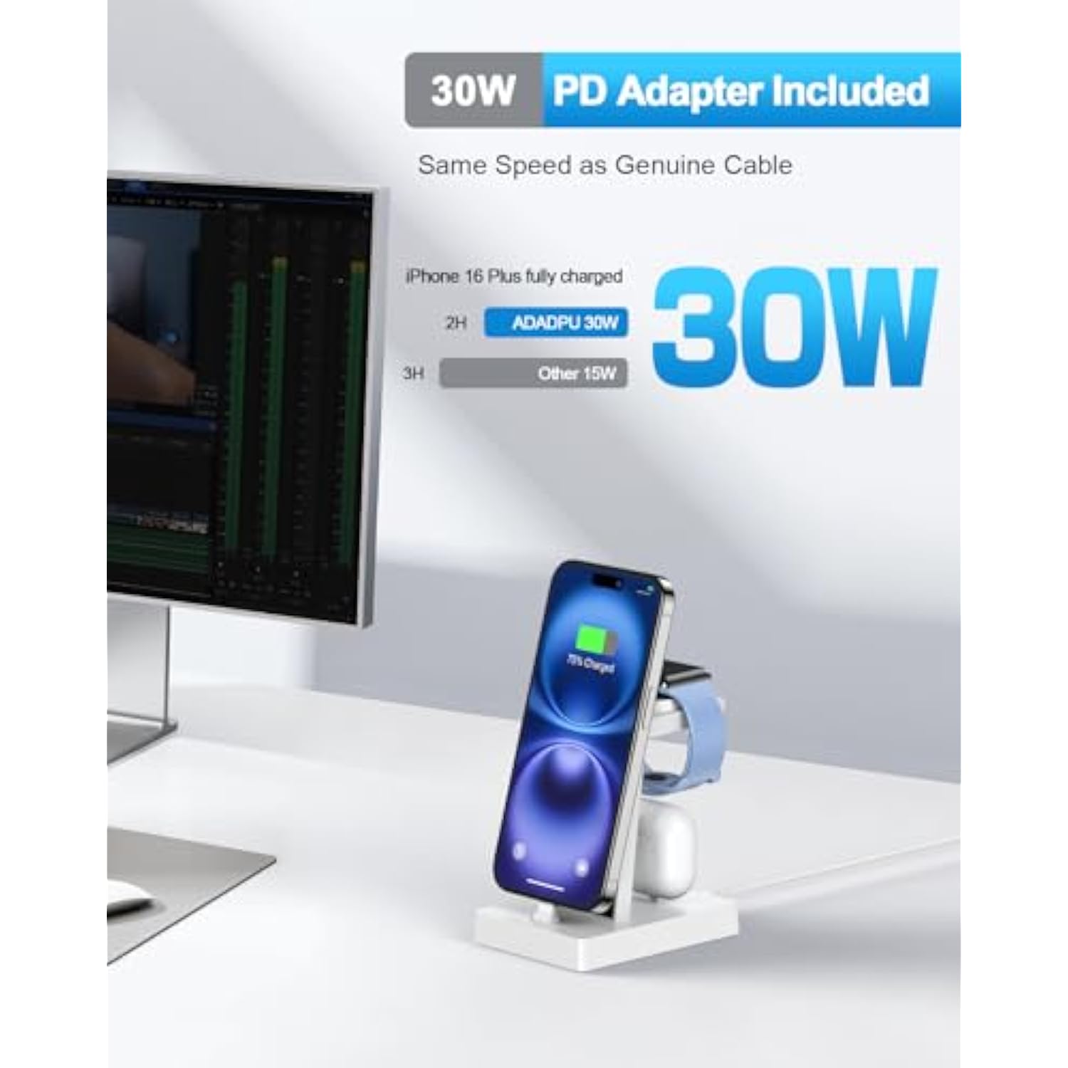 30W Fast Charging Station For Apple Devices - 3 In 1 Usb C Charger Stand For Iphone 17 16 15 Pro Max Plus & Airpods 4,Wireless Charger Dock Compatible With Apple Watch Ultra/10/9/8/7/6/5/4/3/Se