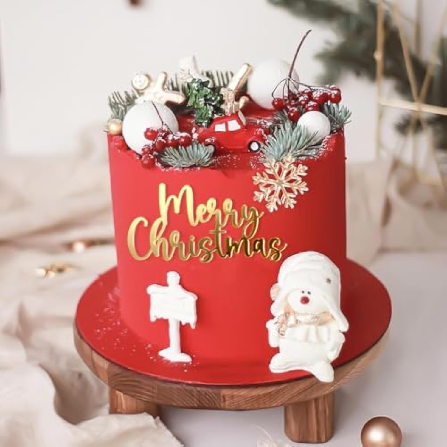 Mirror Gold Merry Christmas Cake Toppers - Acrylic & Side Cake Decorations Kit In Gold