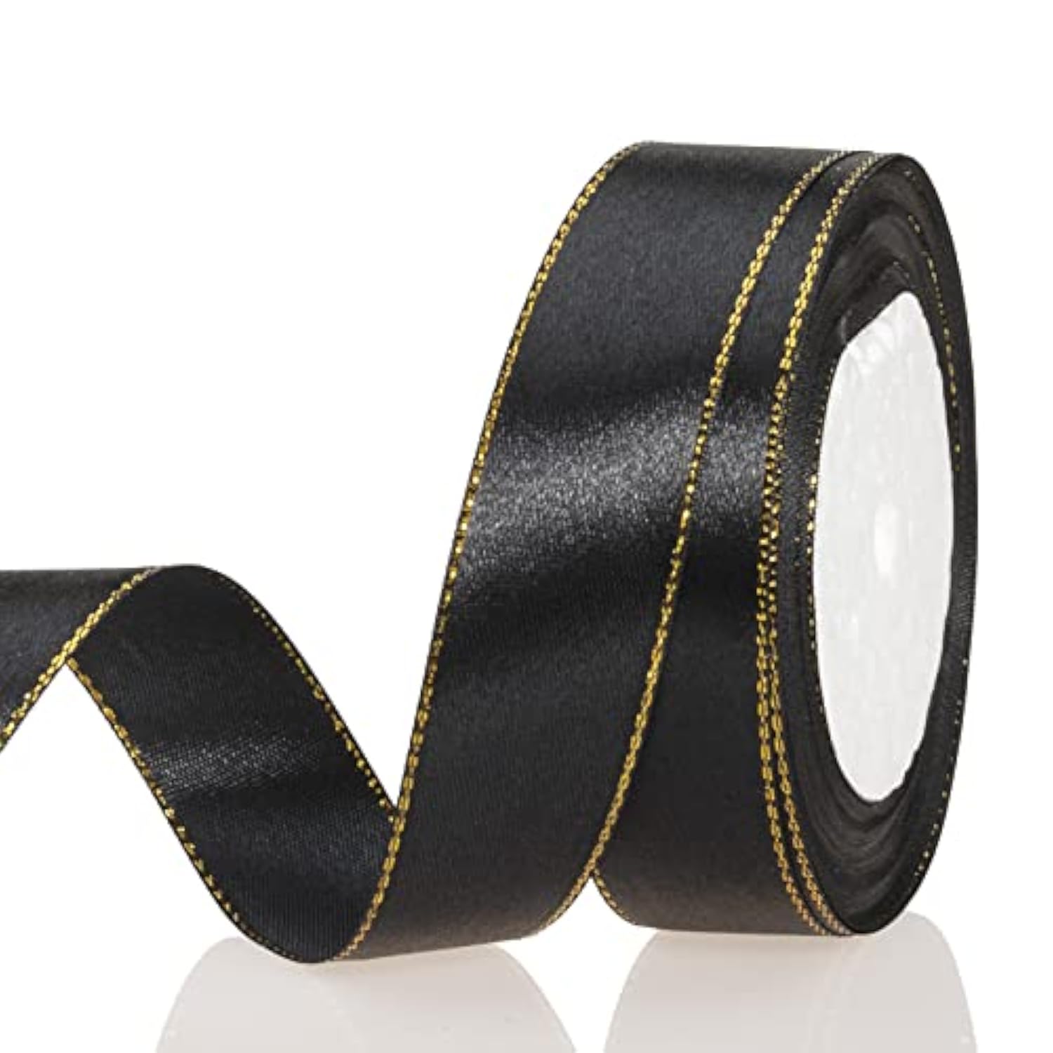 25 Yards 1 Inch Black Satin Ribbon With Gold Edges, Gold Border Fabric