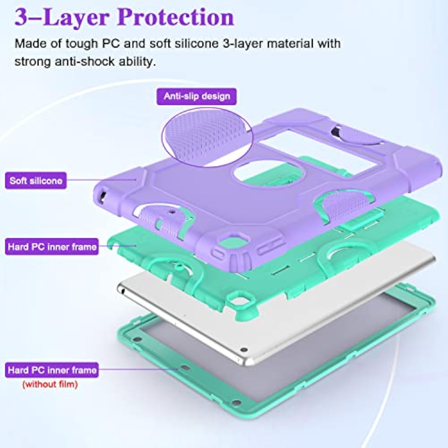 For 9Th Generation Case, 8Th 7Th Generation Case, 10.2 Inch 2021/2020/2019 Case, Heavy Duty Rugged Shockproof Protective Cover With Kickstand For Kids Boys Girls Purple/Green